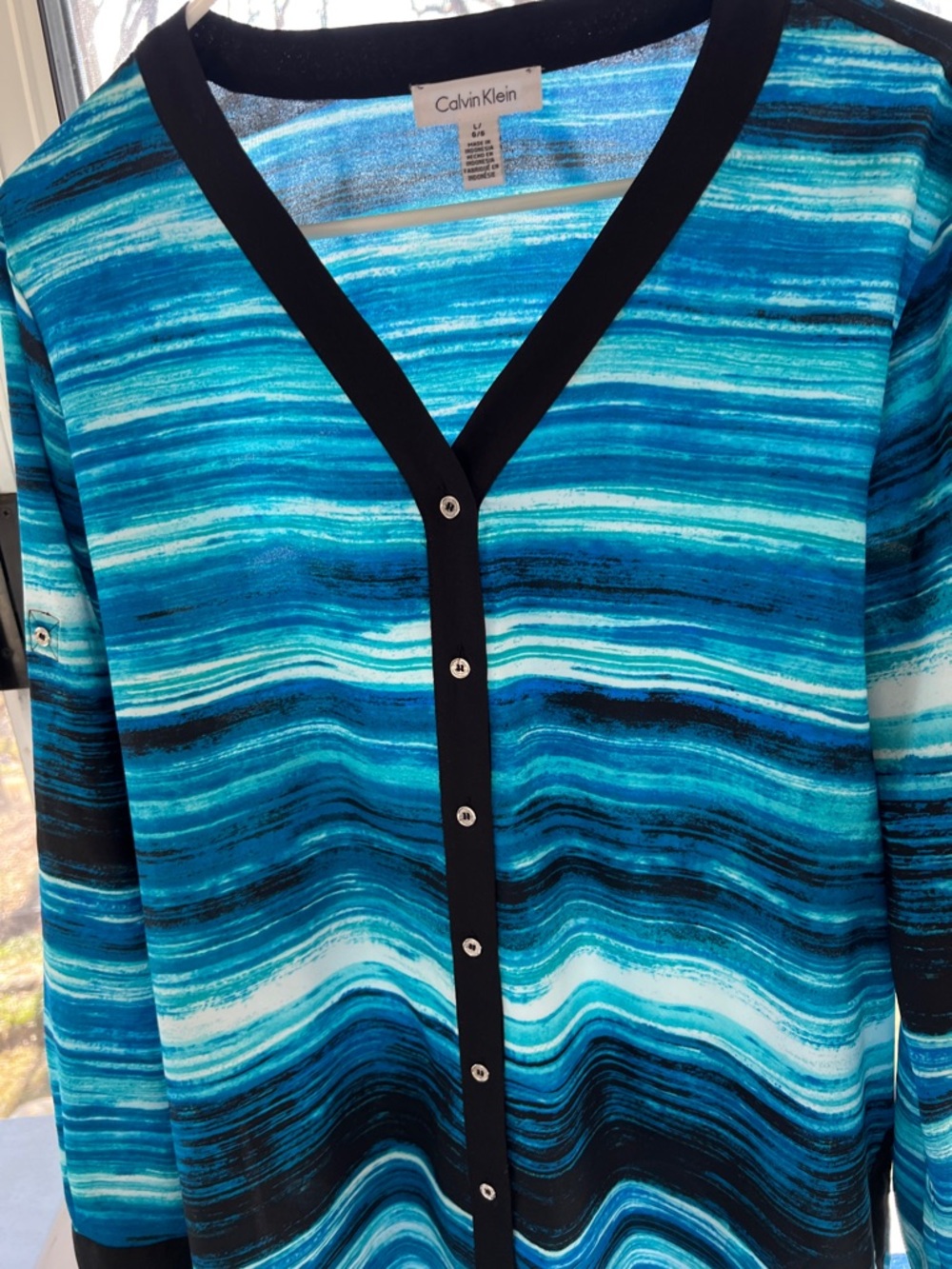 Calvin Klein Blue and Black Striped V-Neck Button Top